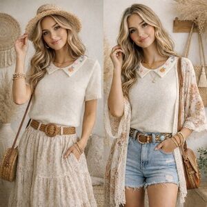 Cream Sweater with Floral Collar